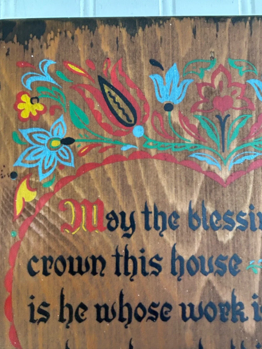 Vintage Folk Art Wooden Blessings Wall Plaque Multicolor Religious 13.5x9.5